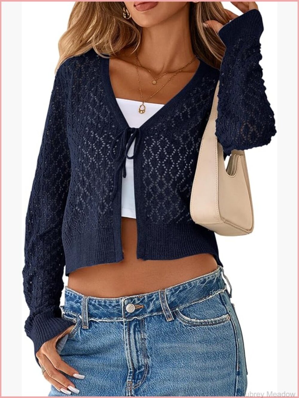 Crochet Cardigan Tie Front Shrug Long Sleeve Knit Cropped Top Boho - Picture 1 of 7